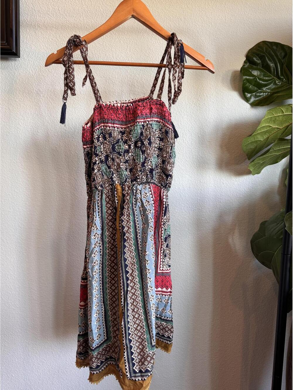 Angie Tribal Print Smocked Mini Dress Boho Fringe Straps NWT Size S